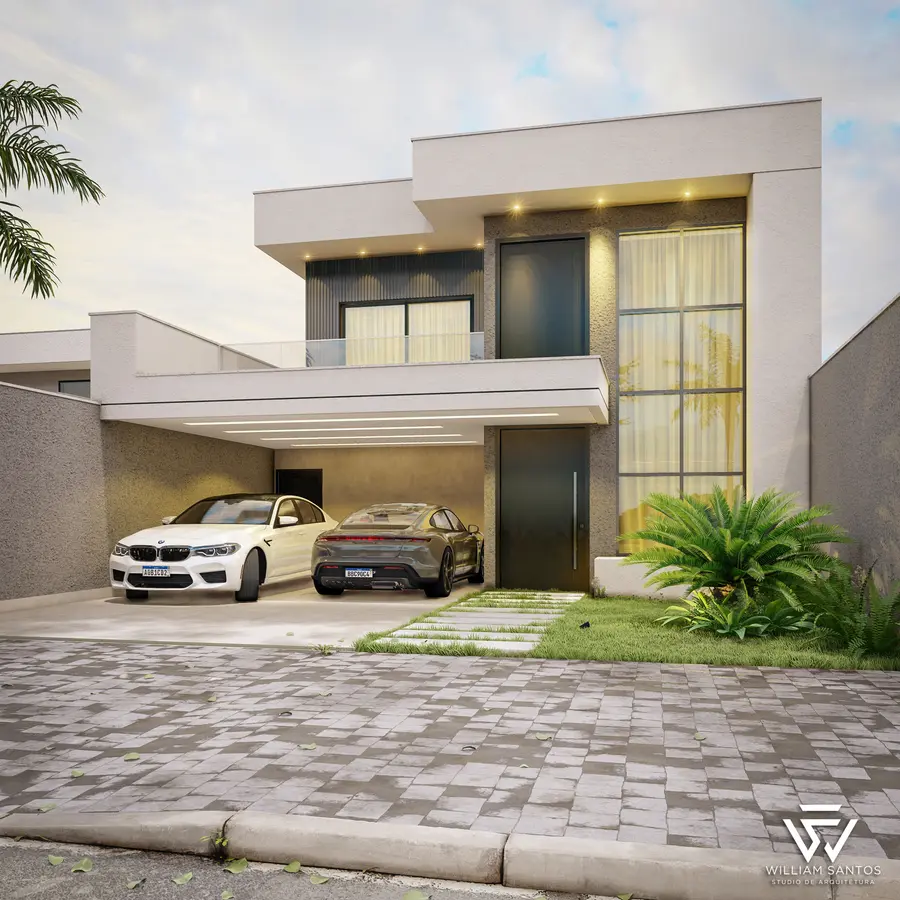 Sobrado com painel vertical de vidro e jardim frontal