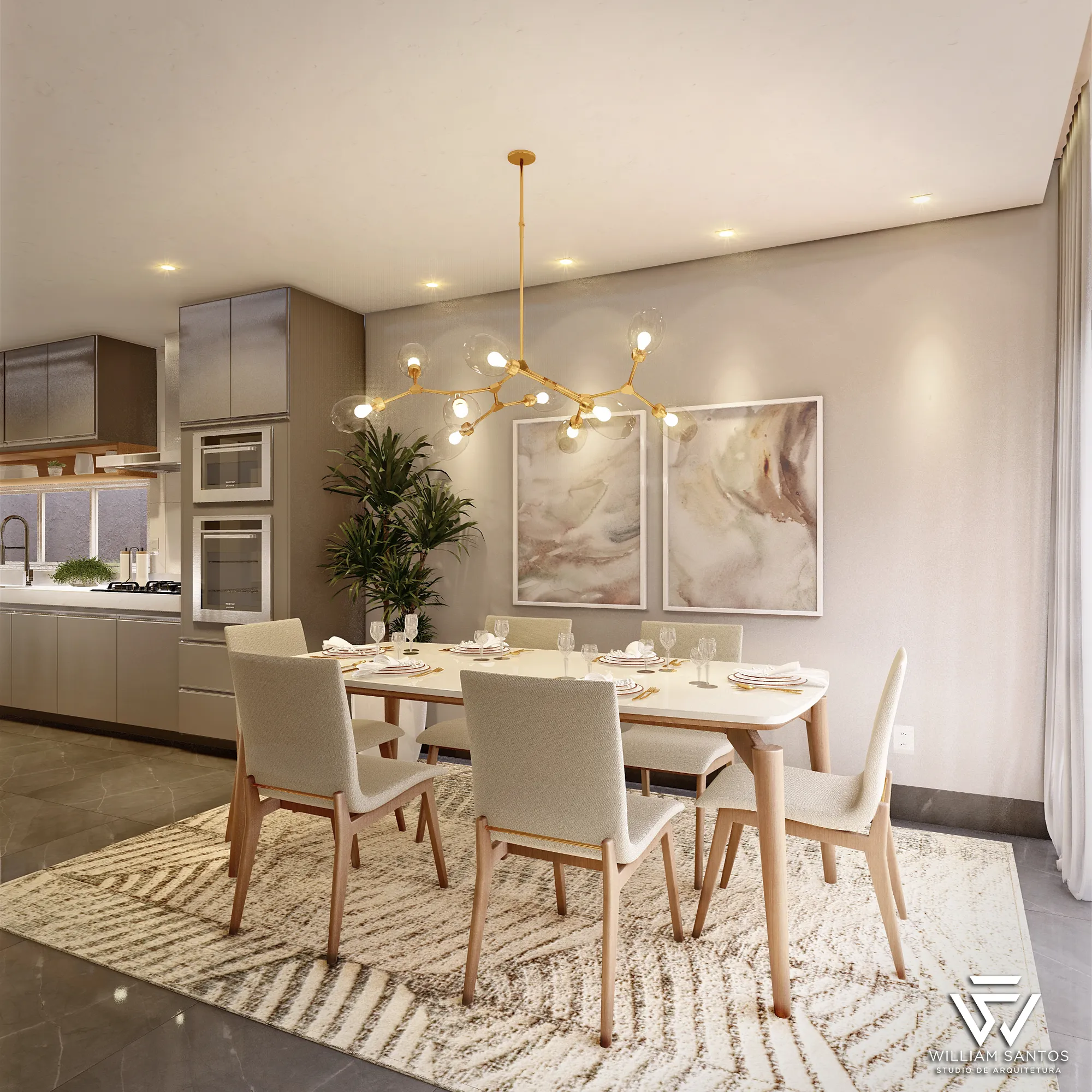 Sala de jantar com lustre dourado e cozinha ao fundo