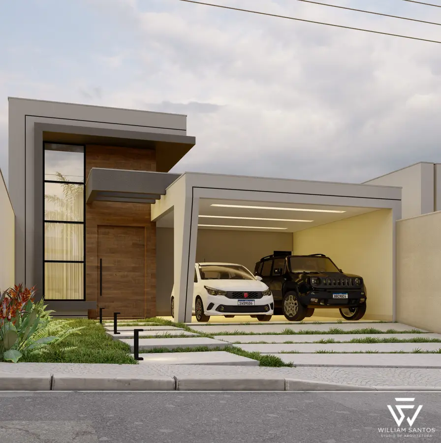 Fachada com torre de madeira e garagem dupla