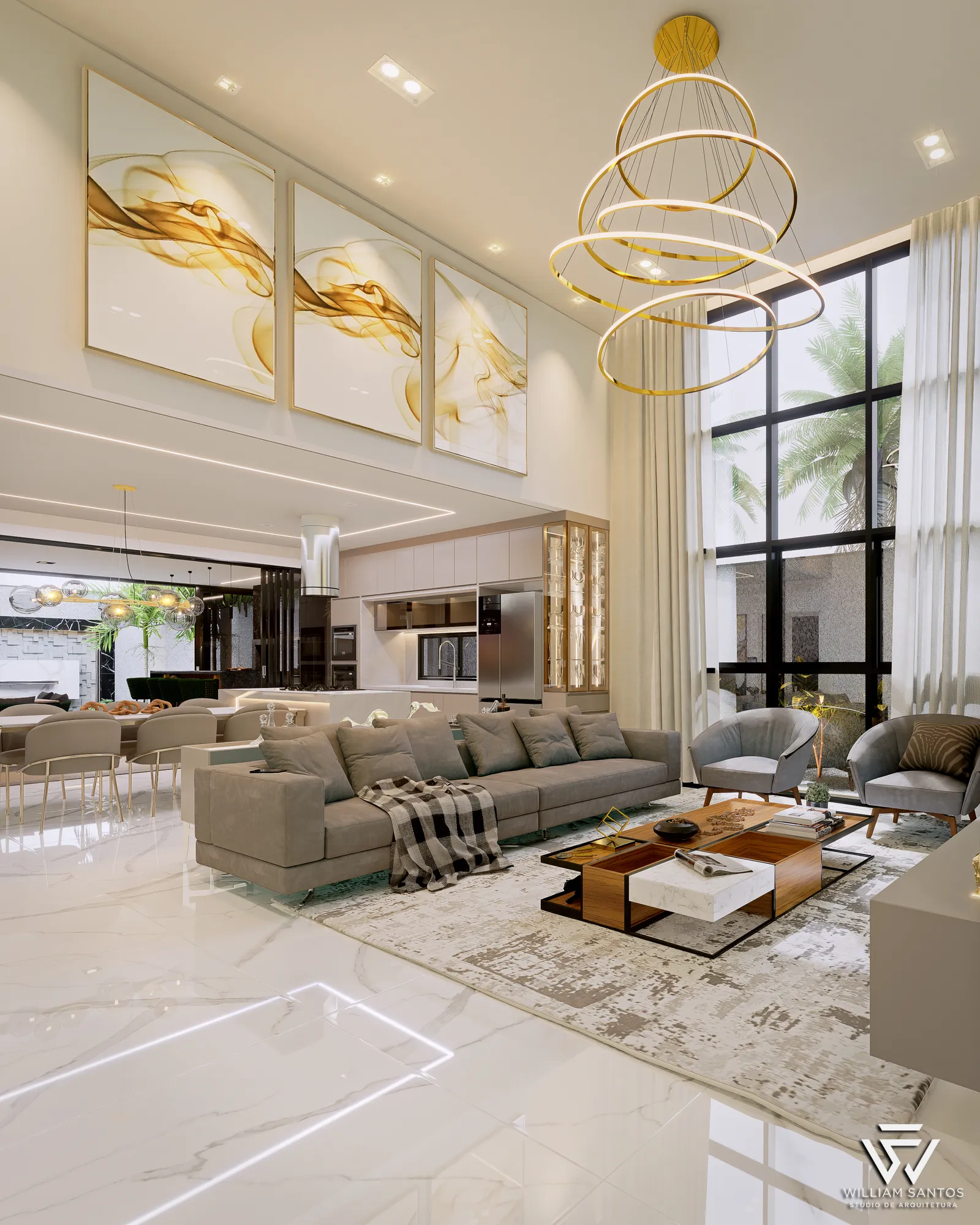 Living integrado com piso de porcelanato e lustre