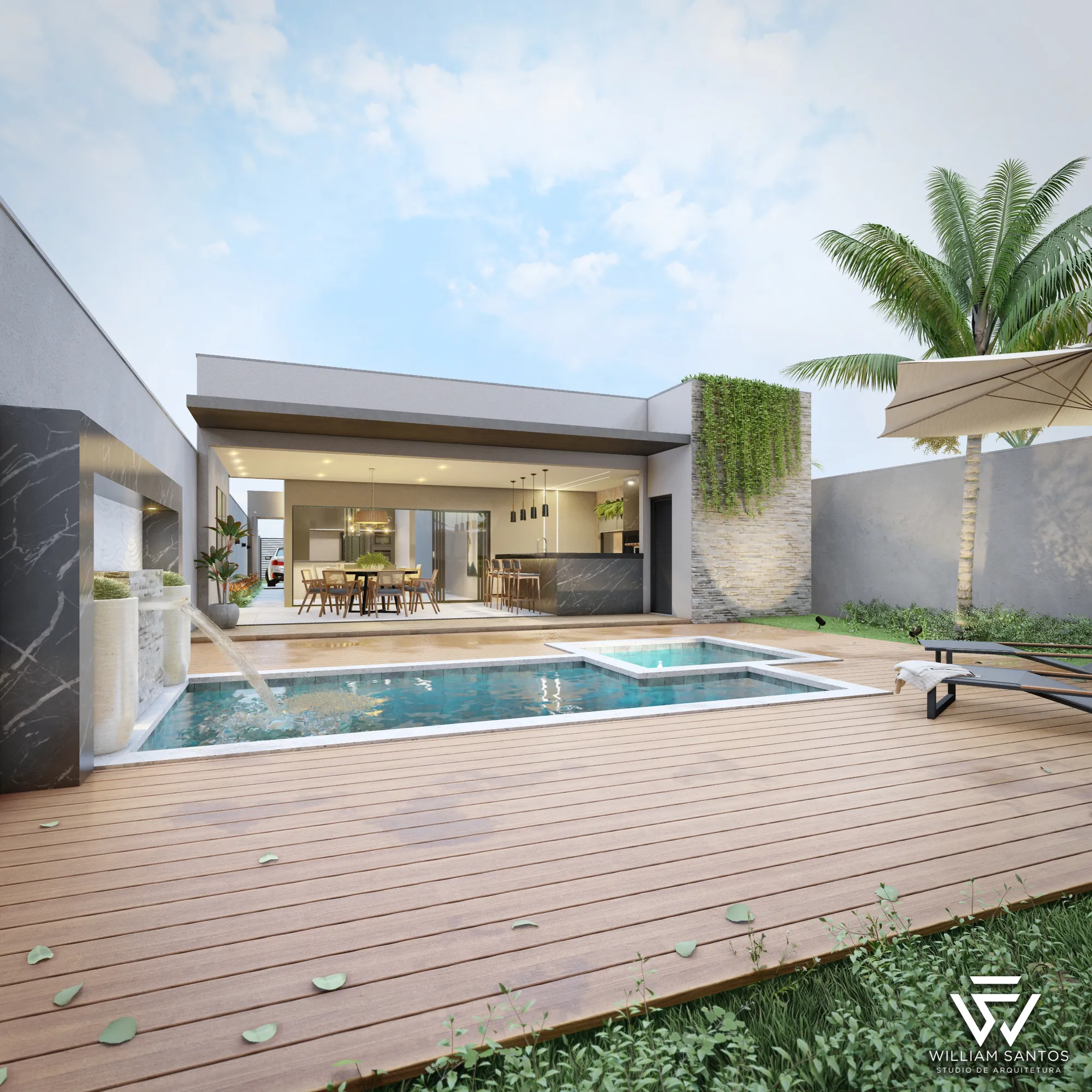 Piscina com deck de madeira e área gourmet integrada