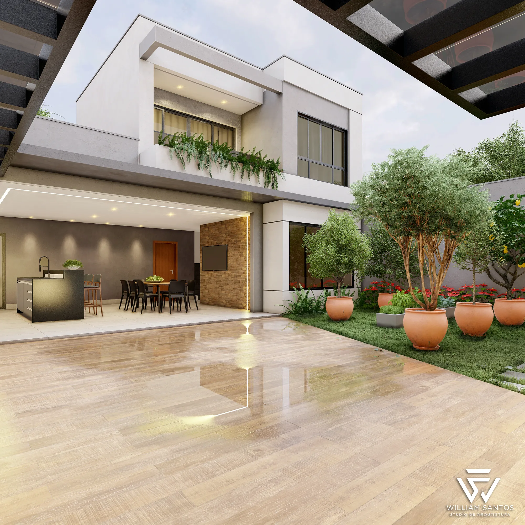 Área gourmet coberta com piso claro e jardim