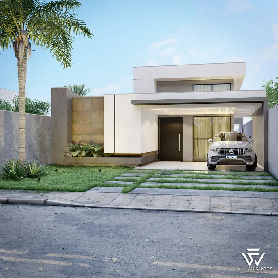 Residência térrea com revestimento de pedra e palmeira