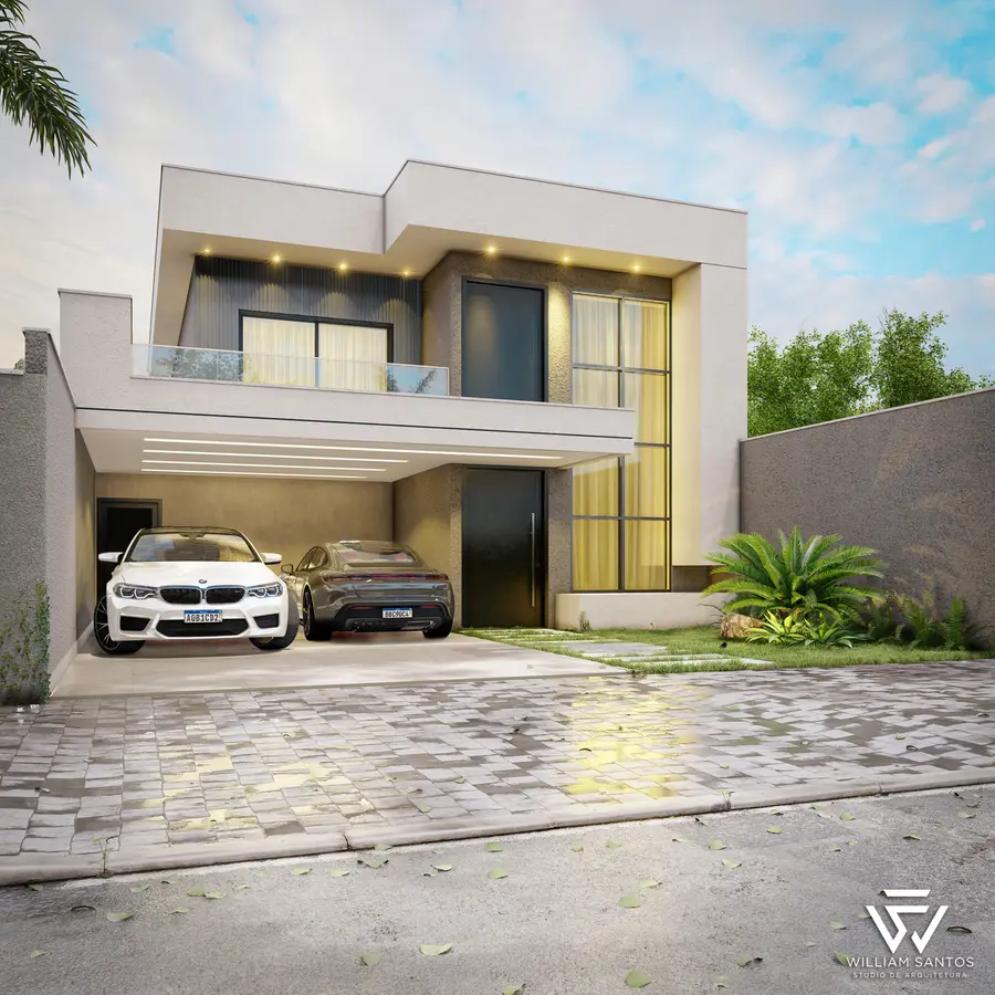 Sobrado com fachada de vidro e garagem para dois carros