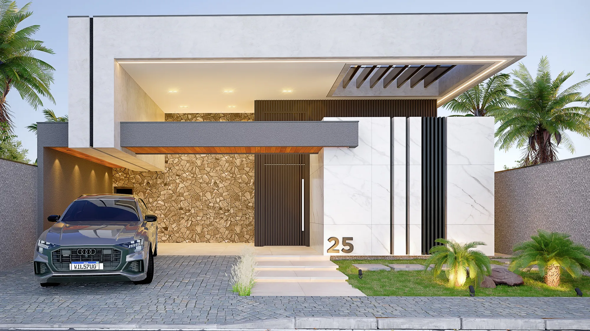 Residência térrea com revestimento de pedra e garagem